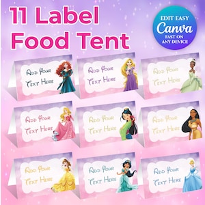 Étiquette de nourriture pour fête de princesse, tentes de nourriture de fête de princesse, marque-places princesses, articles de fête à thème princesse, 12 modèles, téléchargement immédiat