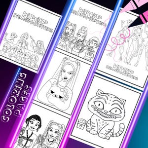 Trendy Demon Hunters K-Pop Coloring Pages for Kids | 6 Printable Kpop Coloring Sheets | Anime Party Activity |Demon Hunters Characters
