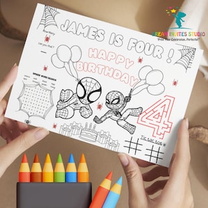 Editable Spiderman Birthday Coloring Placemat | Personalized Spiderman Puzzle Placemat | Kids Coloring Page Worksheet | Digital Download PL4