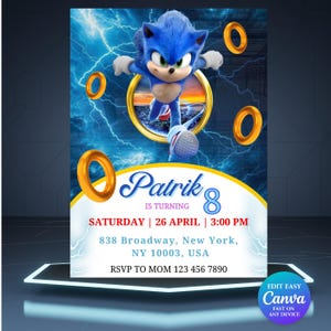 Faire-part 3 anniversaire Sonic Super hérisson Party Boy 5e anniversaire, invitation fête à thème Sonic, invitation anniversaire Knuckle, modèle Sonic S07