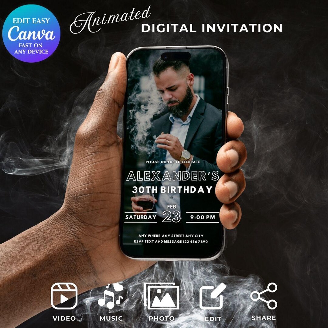 Animated Einvite Animated Birthday Dinner Invitation, DIY Template Design, Men's Party ...