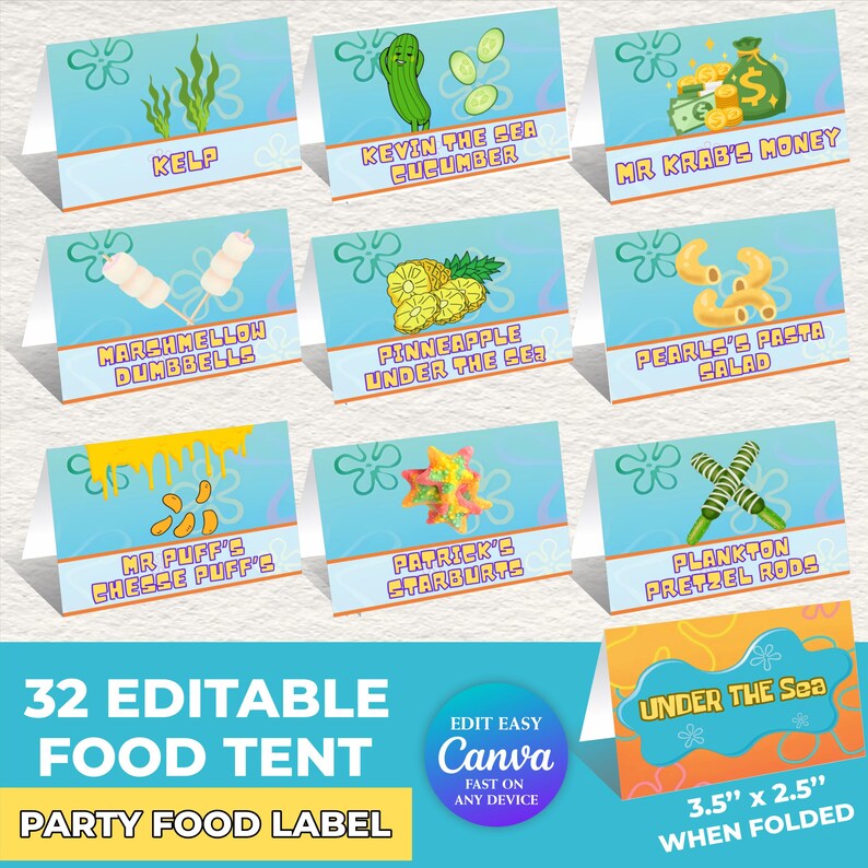 Editable Under the Sea Food Tent Labels | 32 Cartoon Birthday Party ...