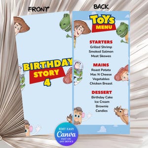 Plantilla de menú para fiesta de cumpleaños de Toy Story, tarjeta imprimible para el menú de cumpleaños de Toy Story, menú editable de Toy Story, descarga instantánea, archivo digital TS04