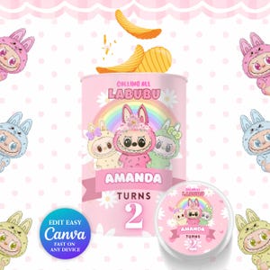 Editable Labubu PRINGLE Canva Template | Printable Party Favor | Labubu Party Decoration Bundle for Girl & Boy | Instant Download DIY