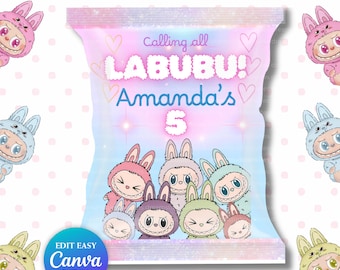 Editable Labubu Chip Bag Canva Template | Printable Party Favor | Labubu Party Decoration Bundle for Girl & Boy | Instant Download DIY
