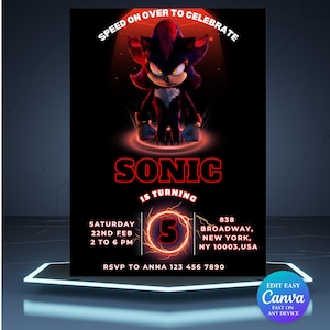 Invitation d'anniversaire Shadow modifiable, Sonic the Hedgehog 3, modèle d'anniversaire Sonic 3, Invitation d'anniversaire Shadow the Hedgehog S08