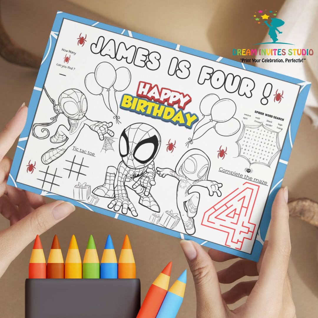 Editable Spiderman Birthday Coloring Placemat|personalized Spiderman ...