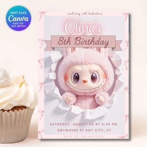 Labubu Pink Party Birthday Invitation |Editable Pink Monster Invite Template Canva | Trendy Labubu Summer Birthday Download |Instant Digital