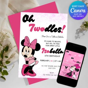Convite de aniversário editável da Minnie inspirado em convites digitais para qualquer idade 5x7 mouse rosa preto bolinhas crianças meninas festa da Minnie convite da Minnie