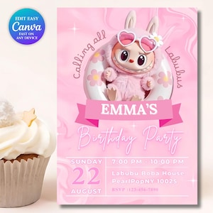 Labubu Pool Party Birthday Invitation |Editable Pink Monster Invite Template Canva | Trendy Labubu Summer Birthday Download |Instant Digital