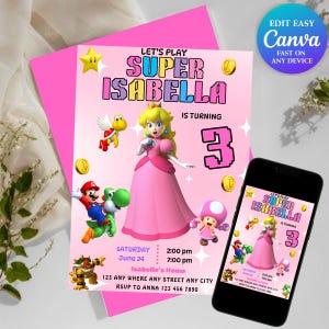 Prinzessin Pfirsich Einladung Super Mario Prinzessin Geburtstag einladen Sofortiger Download Pfirsich Party-Einladung Canva Vorlage Sofort heruntergeladen