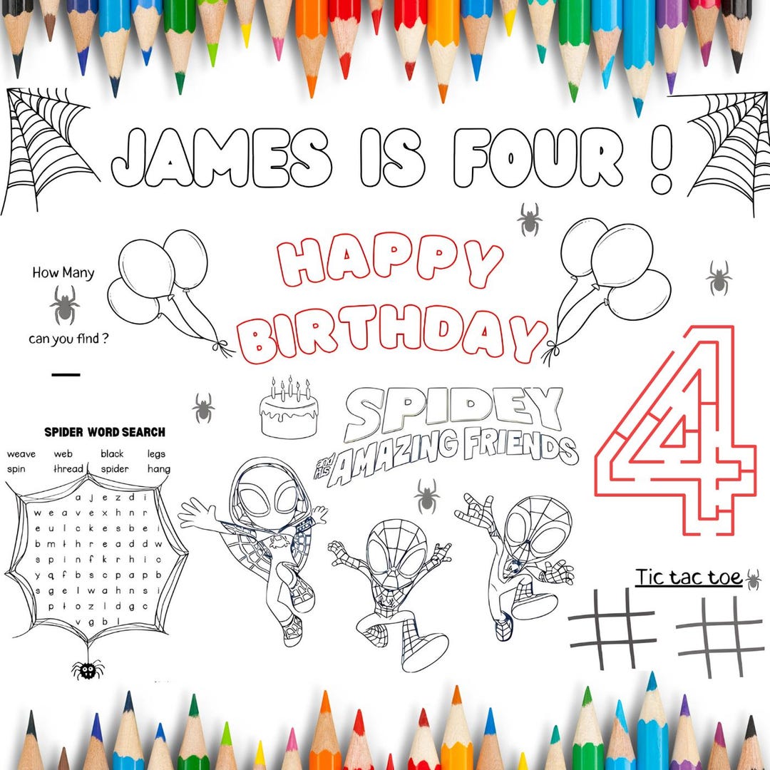 Editable Spiderman Birthday Coloring Placemat | Personalized Spiderman ...