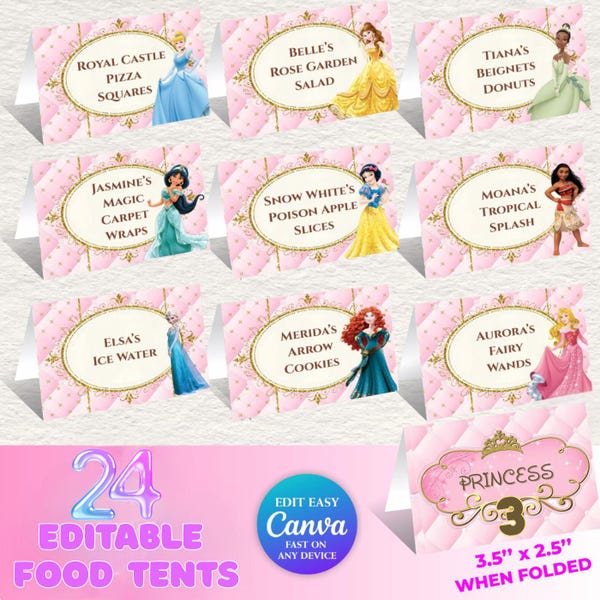 24 Princess Party Food Labels & Food Tents, Canva Editable Place Cards, Printable Princess Birthday Buffet Tags, Instant Download PDF ,Canva