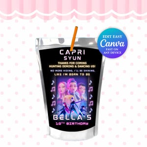 Bewerkbare K-Pop Demon Hunters Capri Sun-sjabloon | Kpop-snackverpakking | Anime-feestgunsten | Demon Hunters Huntrix-verjaardagsbenodigdheden DH1