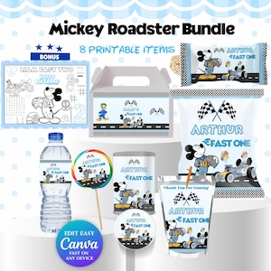 Peut inclure: Ensemble de fournitures de fête imprimables sur le thème de Mickey Mouse en voiture de course. Comprend des étiquettes pour bouteilles d'eau, des emballages de bonbons et un coloriage. Le texte comprend "Mickey Roadster Bundle" et "Arthur Fast One".