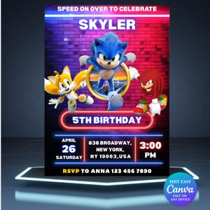 Sonic 3 Birthday Invitation Super Hedgehog Party Boy 5th Birthday Invite Sonic Theme Party Invite Knuckle birthday Invite Sonic Template S06