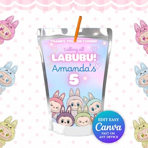 Editable Labubu CAPRISUN Canva Template | Printable Party Favor | Labubu Party Decoration Bundle for Girl & Boy | Instant Download DIY