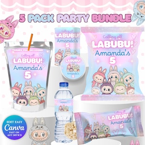 Labubu Party Decoration Bundle, Birthday Party Invite, Editable Birthday Package, Labubu Girl Boy Birthday Decor, Digital Download Canva