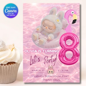 Labubu Pool Party Birthday Invitation |Editable Pink Monster Invite Template Canva | Trendy Labubu Summer Birthday Download |Instant Digital