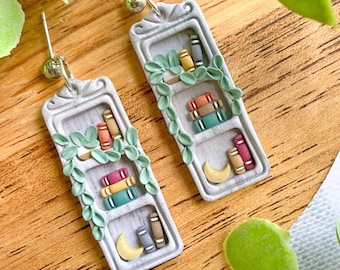 Bookshelf Earrings - Polymer Clay - Book Plant Moon Earrings - Fall Earrings - READY TO SHIP