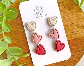 Handmade Triple Heart Polymer Clay Earrings - Hypoallergenic