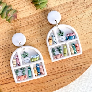 Arched Bookshelf Earrings - Polymer Clay - Book & Plant Earrings - READY TO SHIP