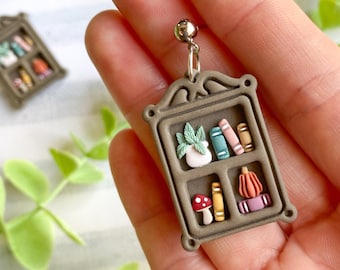 Fall Bookshelf Earrings - Pumpkin Earrings - Book Plant Mushrooms - Polymer Clay - READY TO SHIP