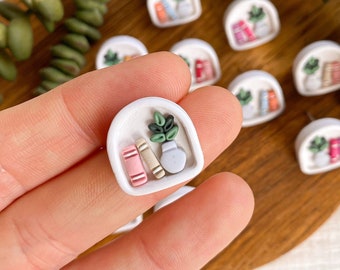 Bookshelf Stud Earrings - Polymer Clay - Book & Plant Earrings - READY TO SHIP