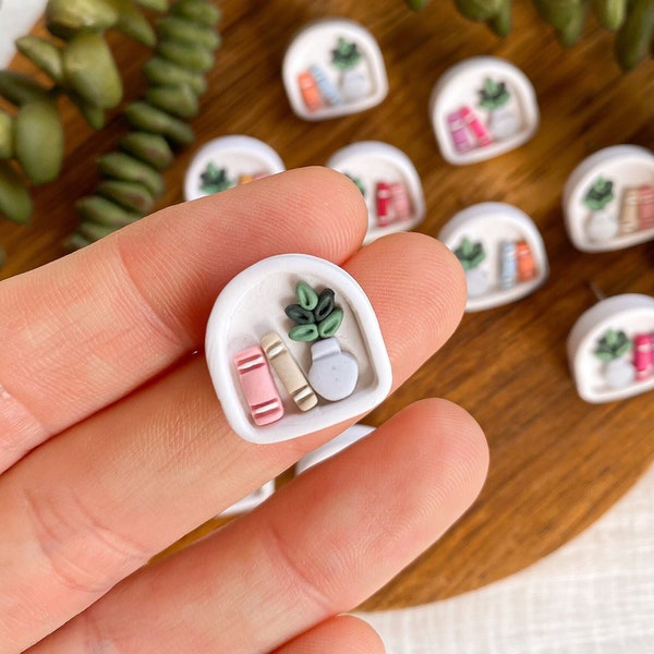 Bookshelf Stud Earrings - Polymer Clay - Book & Plant Earrings - READY TO SHIP