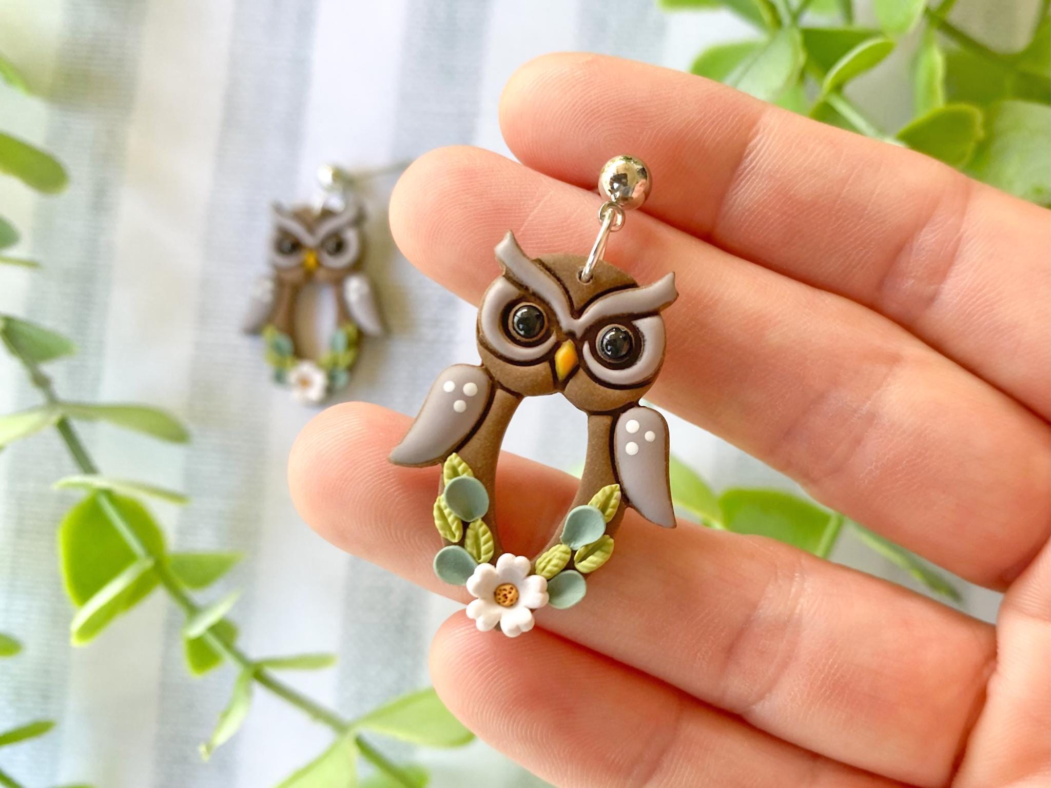 Floral Owl Earrings: Polymer Clay Woodland Jewelry - Hypoallergenic