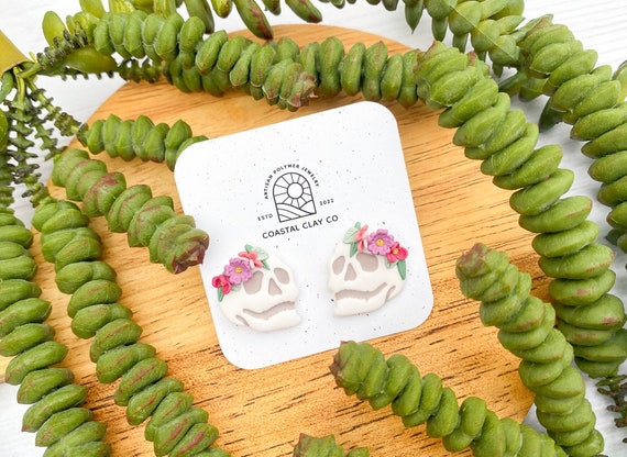 Floral Skull Polymer Clay Stud Earrings – Hypoallergenic