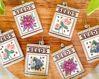 Flower Seed Packet Clay Earrings - Polymer Clay - Spring Floral Earrings - Statement Garden Earrings - Ready to Ship