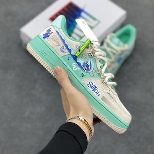 Hand Painted Stitch Cartoon Air Force 1 Sneakers – Green And Beige Unique Design – Custom Sneaker
