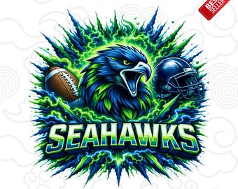 Pode incluir: Gráfico digital do logotipo do Seattle Seahawks. O design apresenta uma águia azul e verde, uma bola de futebol americano e um capacete, tudo rodeado por um padrão de raios. A palavra "SEAHAWKS" é exibida em destaque.