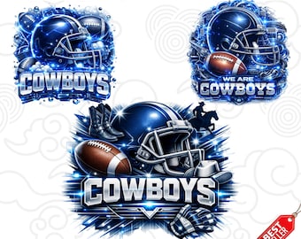 May include: Digital design featuring blue football helmets, footballs, cowboy boots, and the word "COWBOYS" in a stylized font. The design includes the text "PREMIUM DESIGN", "WE ARE COWBOYS", "PNG FILE", and "Instan Download".