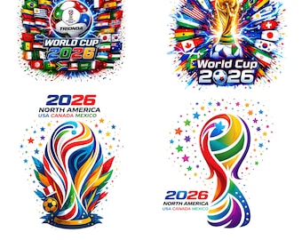 Może przedstawiać: Cztery kolorowe projekty na Mistrzostwa Świata 2026, z piłkami nożnymi, trofeum i flagami. Tekst "World Cup 2026" i "North America USA Canada Mexico" są widoczne. Projekty wykorzystują żywą paletę barw.