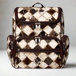 Handmade Cowhide Hair-On Backpack – Diamond Patchwork Leather Rucksack