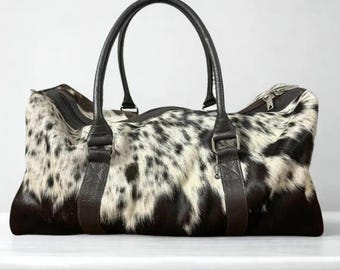 Bolso de viaje de piel de vaca con pelo, hecho a mano, estilo western, ideal para escapadas de fin de semana o para pasar la noche. Regalo perfecto para él o para ella.