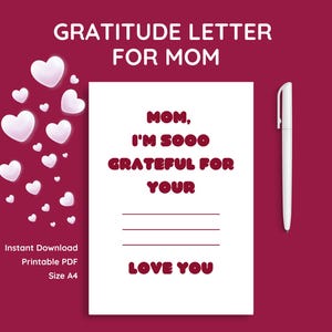 Carta de gratidão para a mãe | Presente perfeito para a mãe | Dia das mães, aniversário, dia das mulheres e presente de Natal | Para impressão | Personalizado por você