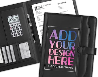 Personlig läderportfölj med logotyp/text/bild, professionell anpassad padfolio, presentidé för kontor, högskola, konferens (svart)