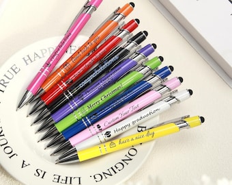 Personalized custom UV printing for fountain pens, including names, text, and logos; black ink ballpoint pens with stylus.