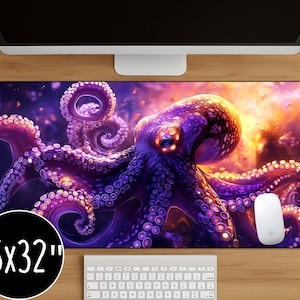 Colorful Octopus Desk Mat for Gamers, Fantasy Deep Sea Mouse Pad, Large Ocean Animal Desk Pad with Glowing Purple Tentacles Art