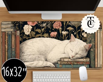 Tapete de escritorio con diseño de gato durmiendo, libros vintage, decoración floral para oficina