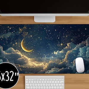 Starry Night Sky Desk Mat 16x32 Inch Crescent Moon and Cloud Galaxy Mouse Pad Aesthetic Large Desk Pad for Office or Gaming Setup