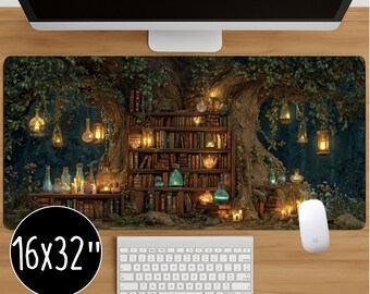 May include: A rectangular mouse pad with a fantasy scene featuring a tree, bookshelves, and hanging lanterns. The pad is 16x32 inches and has a black circle with white text. A keyboard and mouse are in the foreground.