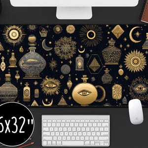 Mystical Desk Mat with Gold Occult Symbols and Celestial Designs, Witchy Mouse Pad for Spiritual Decor, Esoteric Astrology Desk Pad