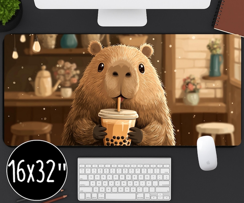Capybara Desk Mat: Kawaii Bubble Tea Mouse Pad, Cozy Café Style - Etsy