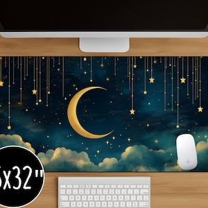 Celestial Moon and Stars Desk Mat 16x32&quot; - Large Gaming Mouse Pad with Dark Sky Clouds and Gold Crescent Moon for Office or Home Decor