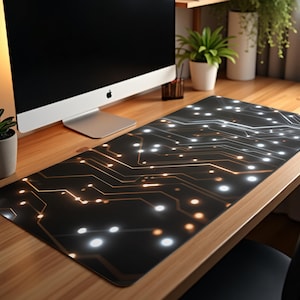 Futuristic Circuit Pattern Gaming Mouse Pad XL Tech Style Desk Mat with Glowing Orange and White PCB Design for Office or Setup Decor