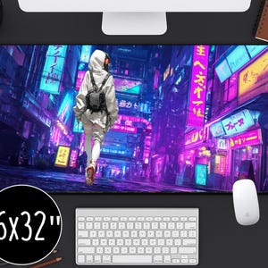 Cyberpunk Street Scene Desk Mat with Neon Lights and Anime Girl, Large Gaming Mouse Pad for Aesthetic Setup or Office Desk Decor